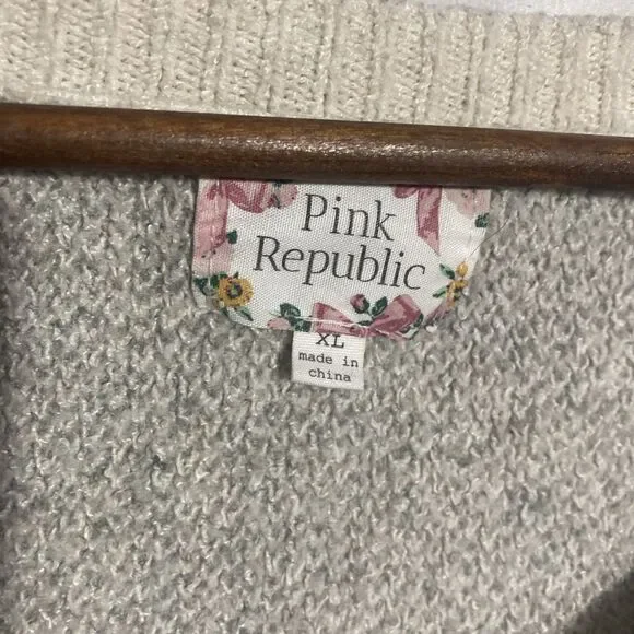 PINK REPUBLIC beige gray skulls long sleeve cropped pullover sweater XL - Picture 6 of 8